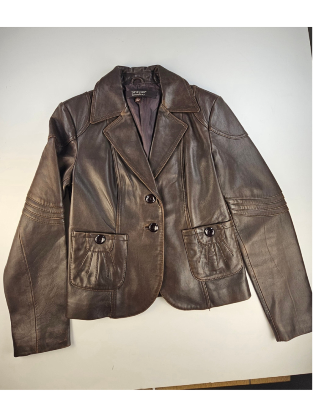 Prague Contemporary Women’s S Brown Leather Blazer Jacket Y2K Distressed